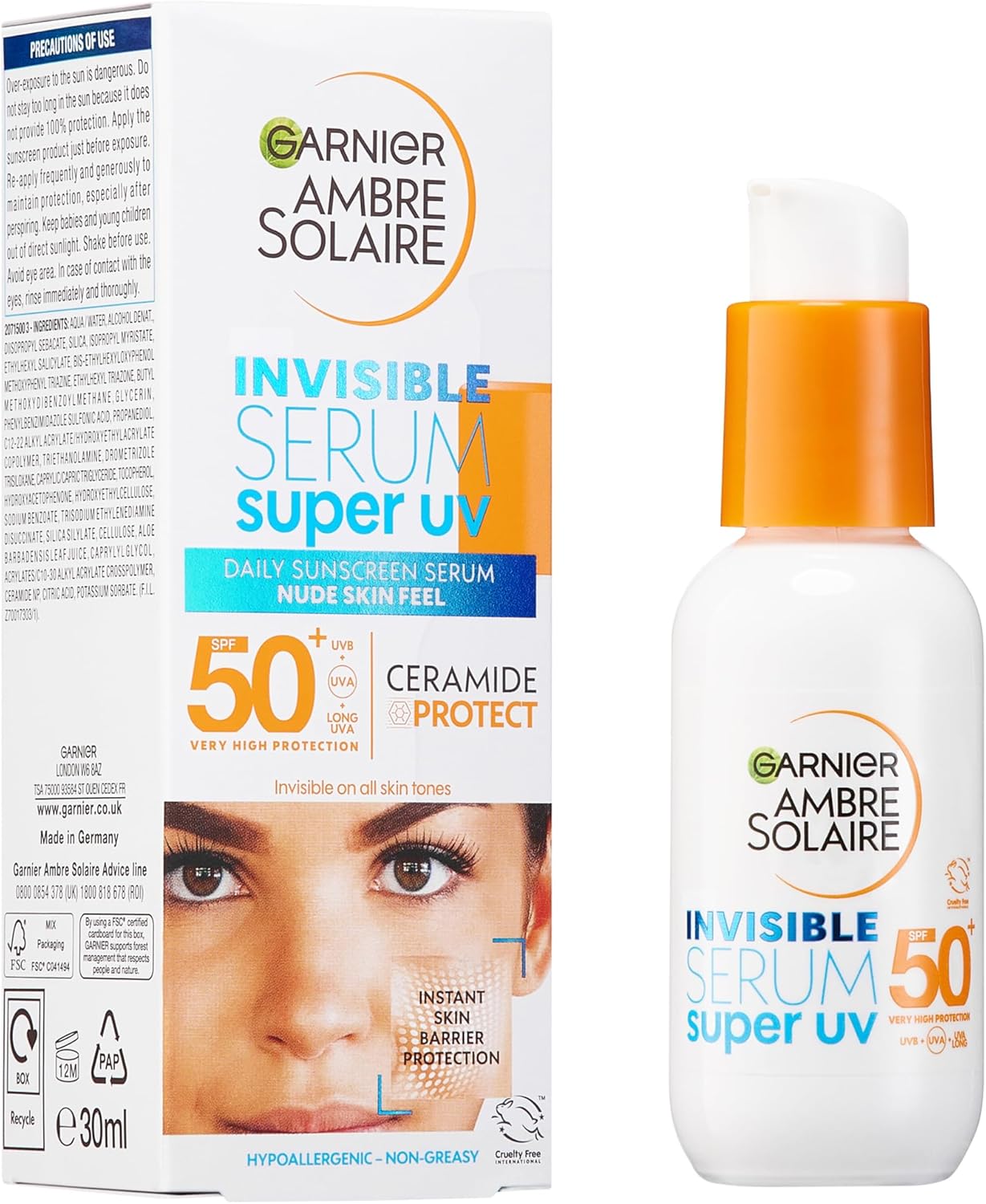 Garnier Ambre Solaire Sun Cream SPF 50+ Super UV Invisible Serum Moisturiser for Face, High Protection Against UVA & UVB, For all Skin Types, With Hyaluronic Acid, Vitamin E & Ceramides, Vegan, 30ml